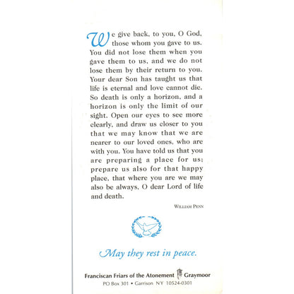 All Souls Friar Nicholas Franciscan Friars Vintage Catholic Prayer Card TH2-PC1