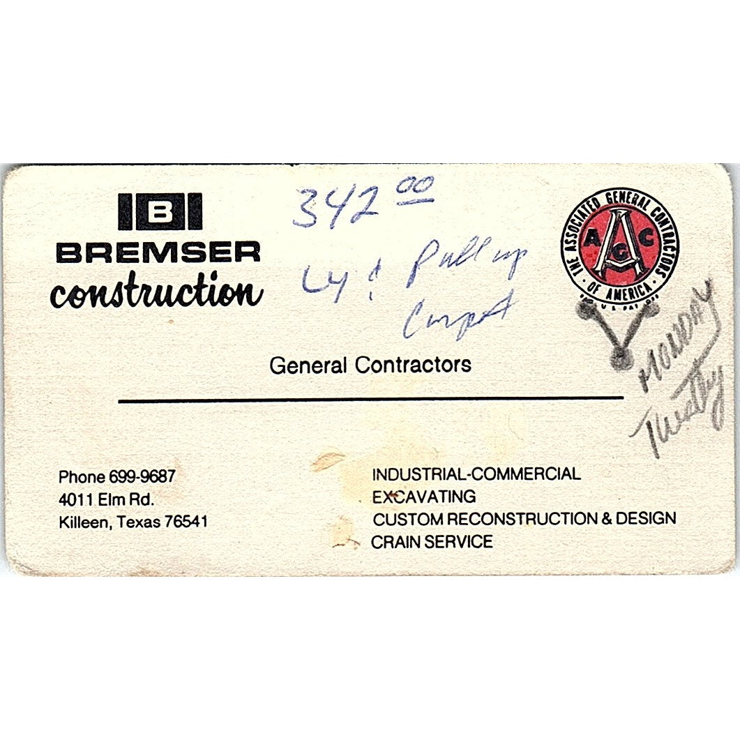 Bremser Construction Killeen TX Vintage Business Card SD9-B3