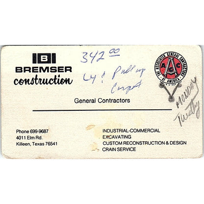 Bremser Construction Killeen TX Vintage Business Card SD9-B3
