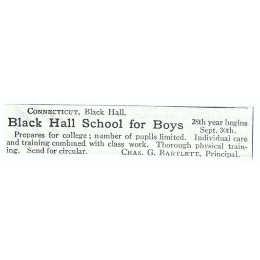 Black Hall Boys School Chas. G. Bartlett CT 1903 Magazine Ad AF7-SS1