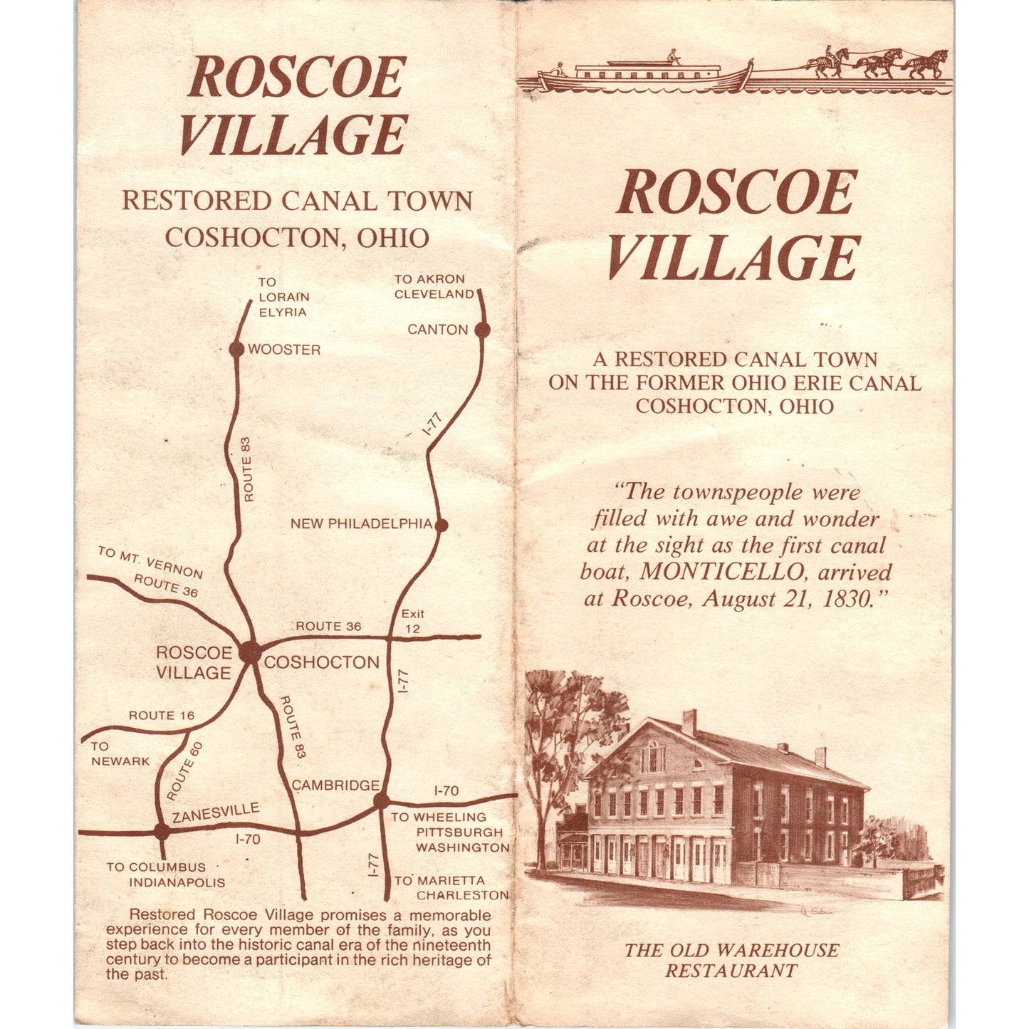 Vintage Roscoe Village Coshocton Ohio Fold Out Travel Brochure TH2-O2