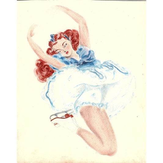 1940s Original Sketch of A Female Ice Skater w/ Red Hair Winifred Schutsky D26-5