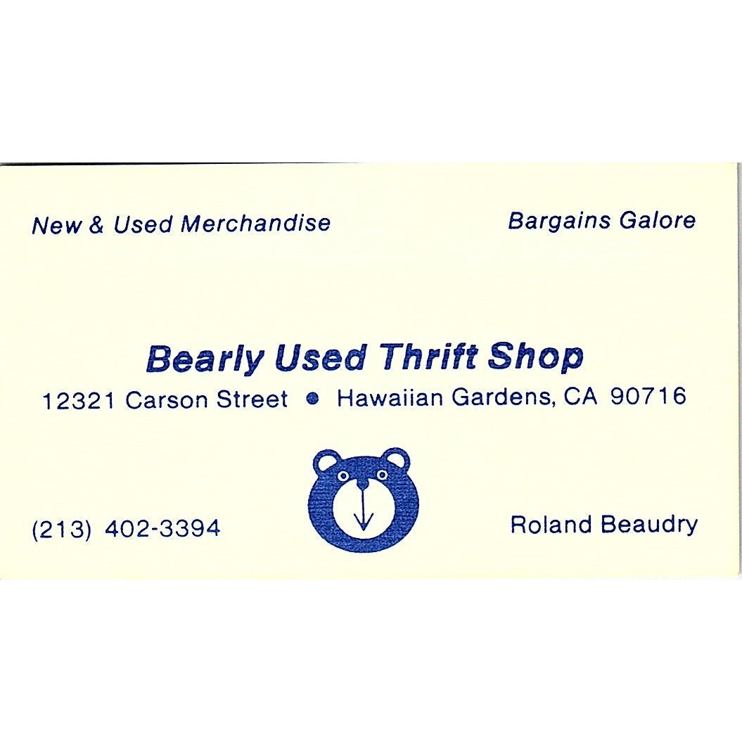 Bearly Used Thrift Shop Roland Beaudy Hawaiin CA Vintage Business Card SB4-B8