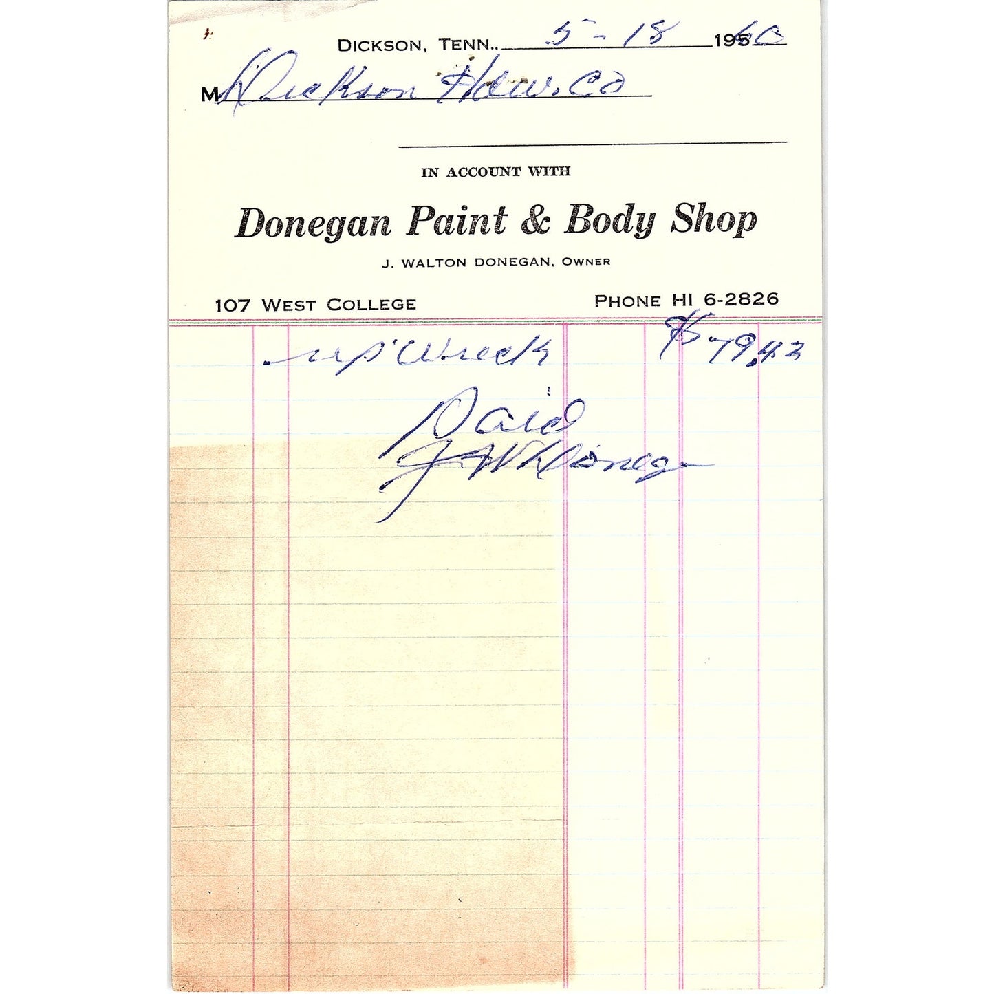 1960 J. Walton Donegan Paint & Body Shop Dickson TN Billhead AF9-1