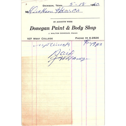 1960 J. Walton Donegan Paint & Body Shop Dickson TN Billhead AF9-1