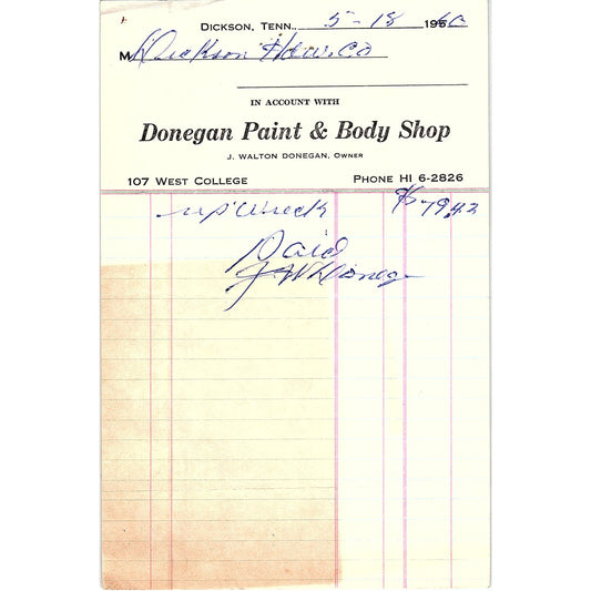 1960 J. Walton Donegan Paint & Body Shop Dickson TN Billhead AF9-1