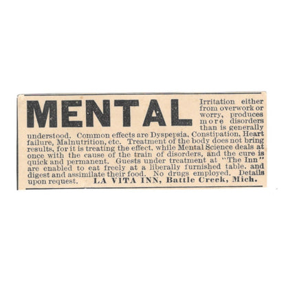 Mental Health Resort La Vita Inn Battle Creek MI 1892 Magazine Ad AB6-S2