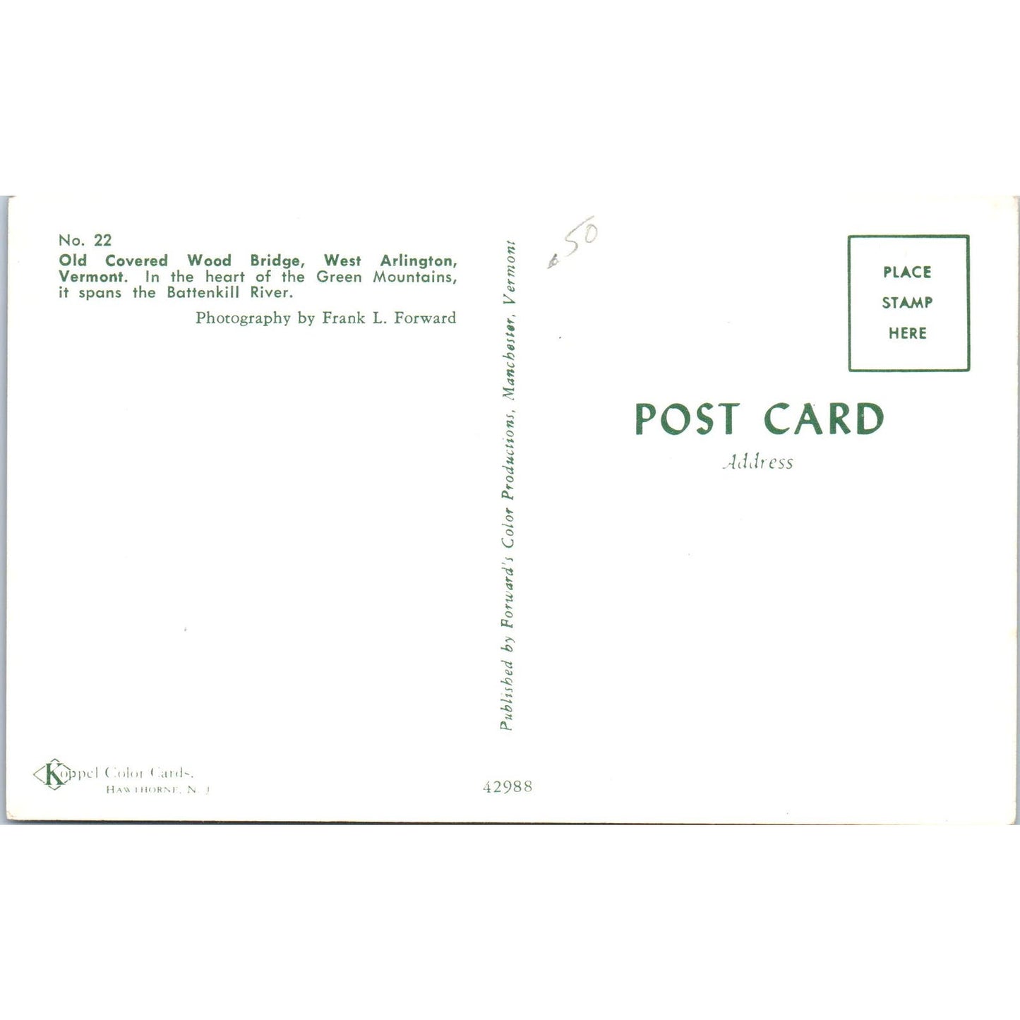 Old Covered Wood Bridge West Arlington Vermont Covered Bridge Postcard PB13