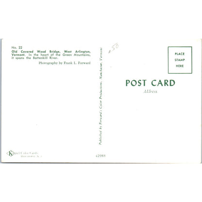 Old Covered Wood Bridge West Arlington Vermont Covered Bridge Postcard PB13