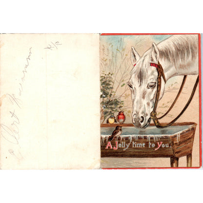 Antique Christmas Greeting Card White Horse 3.25x4.5" AF7-E11