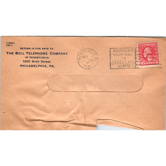 1921 The Bell Telephone Co Philadelphia PA Postal Cover Envelope TG7-PC3