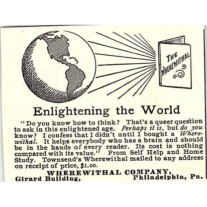 Enlightening the World Wherewithal Co Philadelphia PA 1892 Ad AG2-S25
