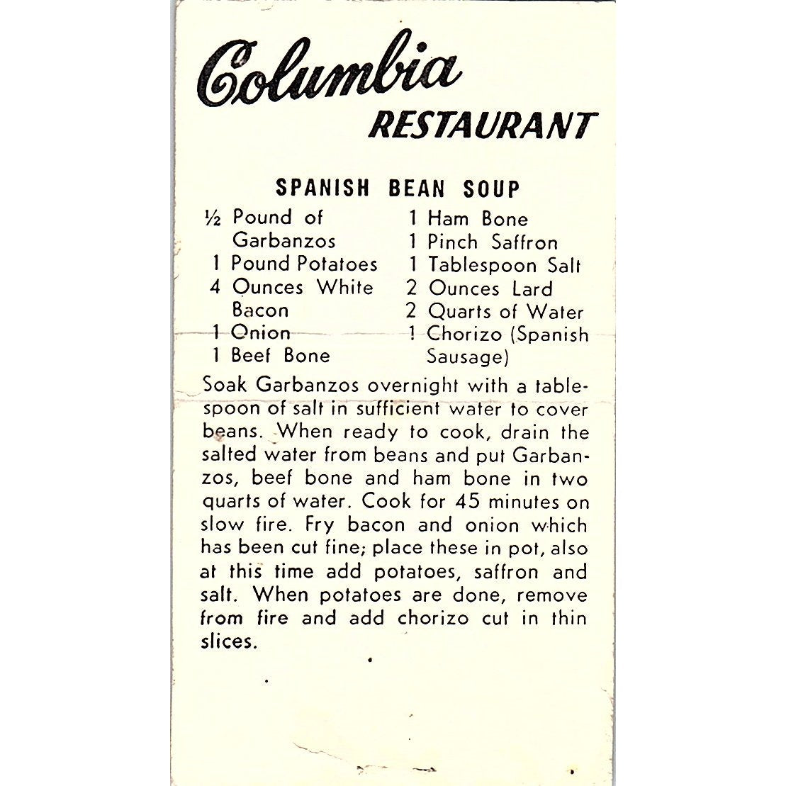 Columbia Spanish Restaurants Ybor City Tampa FL Vintage Matchbook Cover SF3-Y4