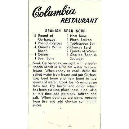 Columbia Spanish Restaurants Ybor City Tampa FL Vintage Matchbook Cover SF3-Y4