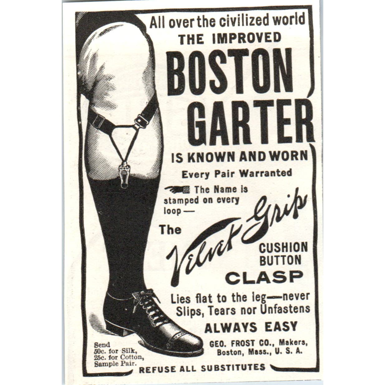 Geo. Frost Co Boston Garter c1905 Original Magazine Advertisement AE7-A3
