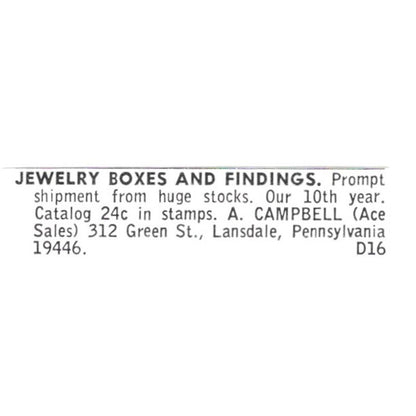 A. Campbell Ace Sales Jewelry Boxes & Findings Lansdale PA 1972 Ad AF8-S16