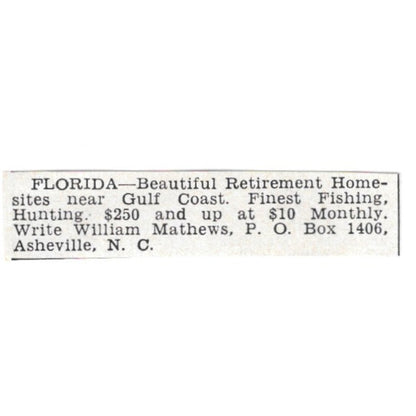Florida Retirement Home Sites - William Matthews, Asheville NC 1955 Ad AG1-S9