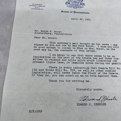 1953 Edward J. Kessler Pennsylvania Senate Letter Ralph Worst Soudersburg TJ5-E1