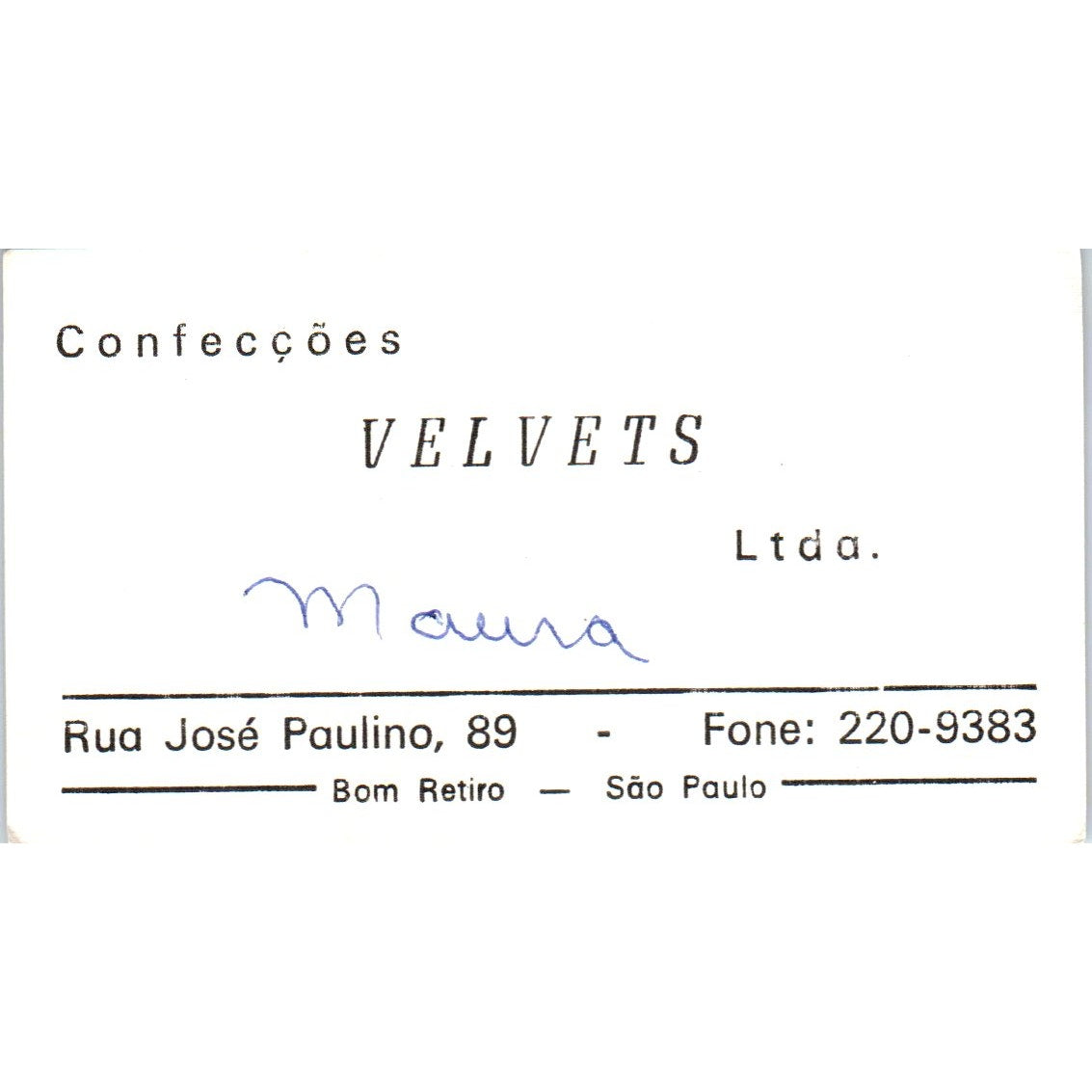 Confeccoes Velvets Maura Sao Paulo Vintage Business Card SD8-B16