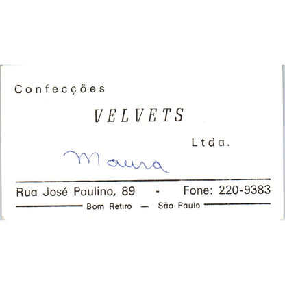 Confeccoes Velvets Maura Sao Paulo Vintage Business Card SD8-B16