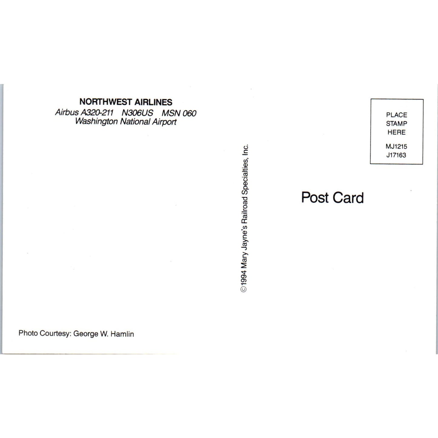 Northwest Airlines Airbus A320-211 Vintage Postcard PC19