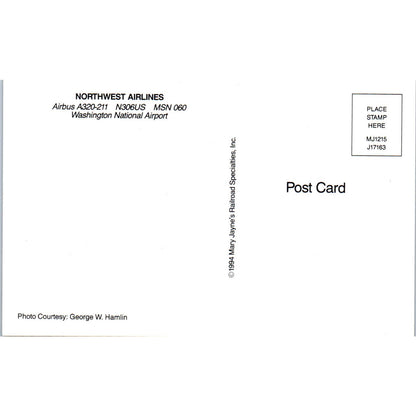 Northwest Airlines Airbus A320-211 Vintage Postcard PC19