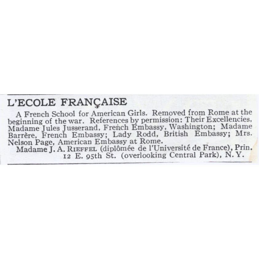L'ecole Française Madame J.A. Rieffel NY c1918 Original Advertisement AE5-SA3