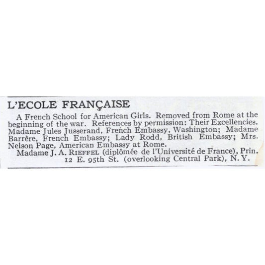 L'ecole Française Madame J.A. Rieffel NY c1918 Original Advertisement AE5-SA3