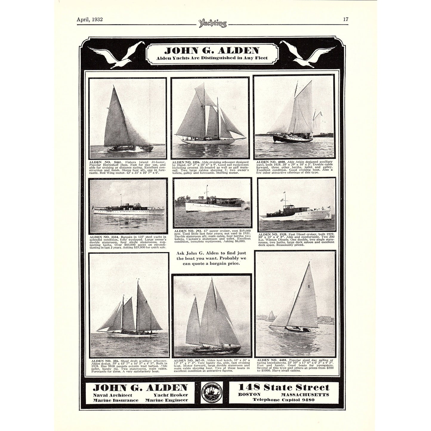 John G. Alden Yachts Boston, Tams Incorporated Yachts Miami FL 1932 Ad V1-4