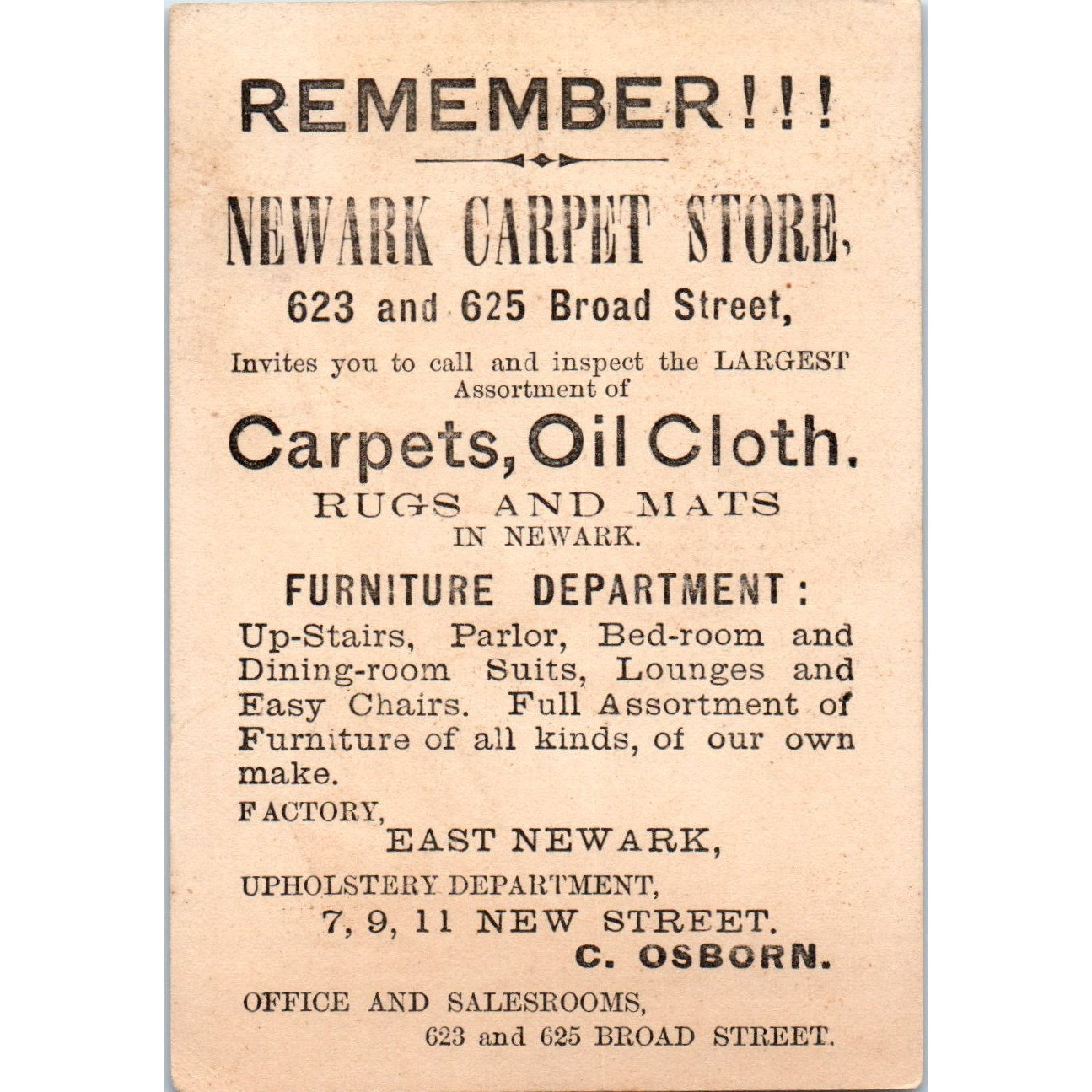 C. Osborn Newark Carpet Store Boy in Gondola c1880 Victorian Trade Card AF1-AP8