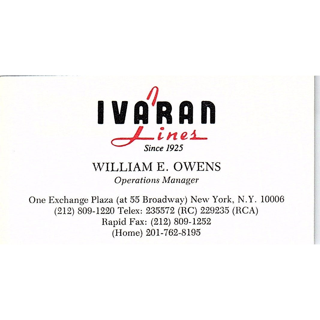 William E Owens Ivaran Lines NY Vintage Business Card SC9-B3
