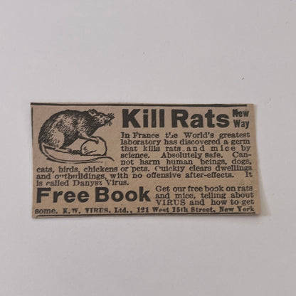K.W. Virus, Ltd. Kill Rats New Way New York NY 1931 Newspaper Ad SAG4-S13