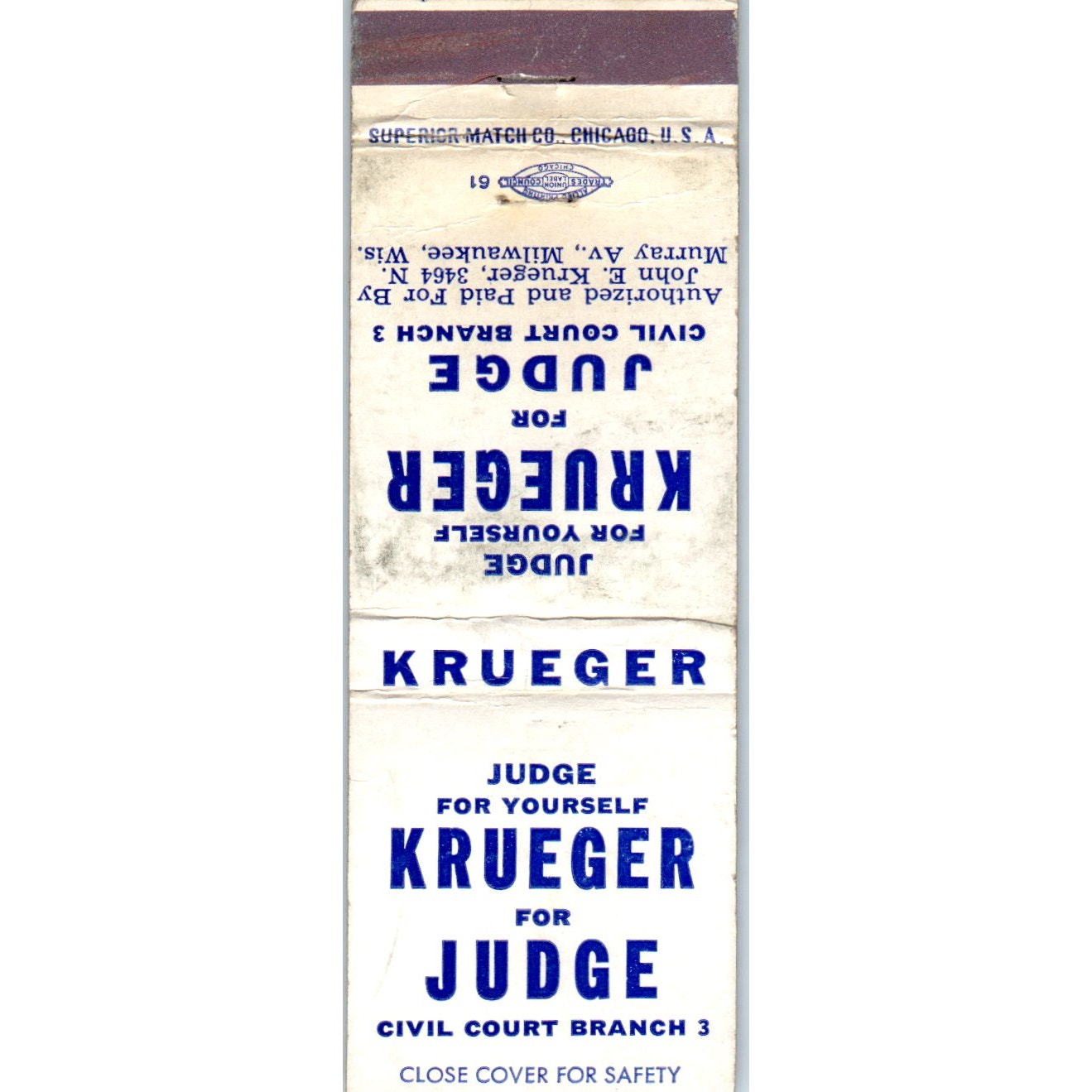 Krueger for Judge Civil Court Branch 3 Milwaukee Vintage Matchbook Cover SD4-Y4