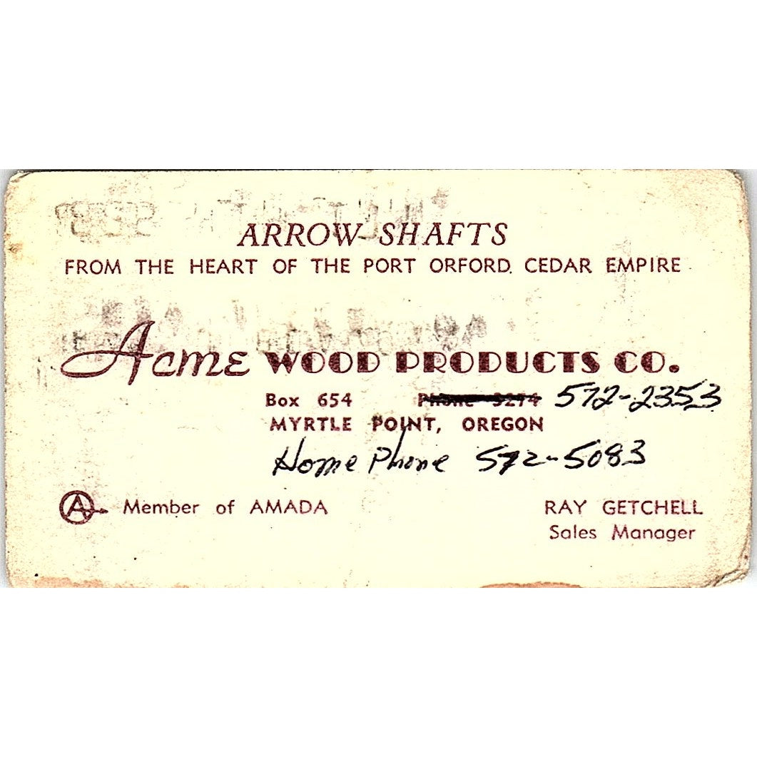 Acme Wood Products Co Ray Getchell Myrtle Point OR Vintage Business Card SD9-B4