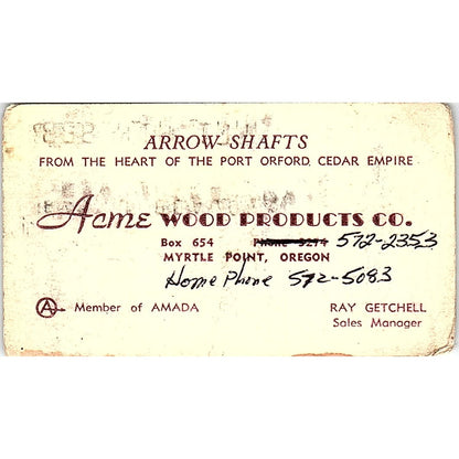Acme Wood Products Co Ray Getchell Myrtle Point OR Vintage Business Card SD9-B4