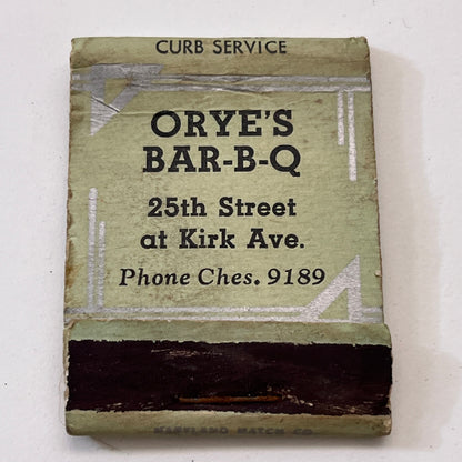Orye's Bar-B-Q 25th St at Kirk Ave Vintage Matchbook Cover TB8-MB3-2