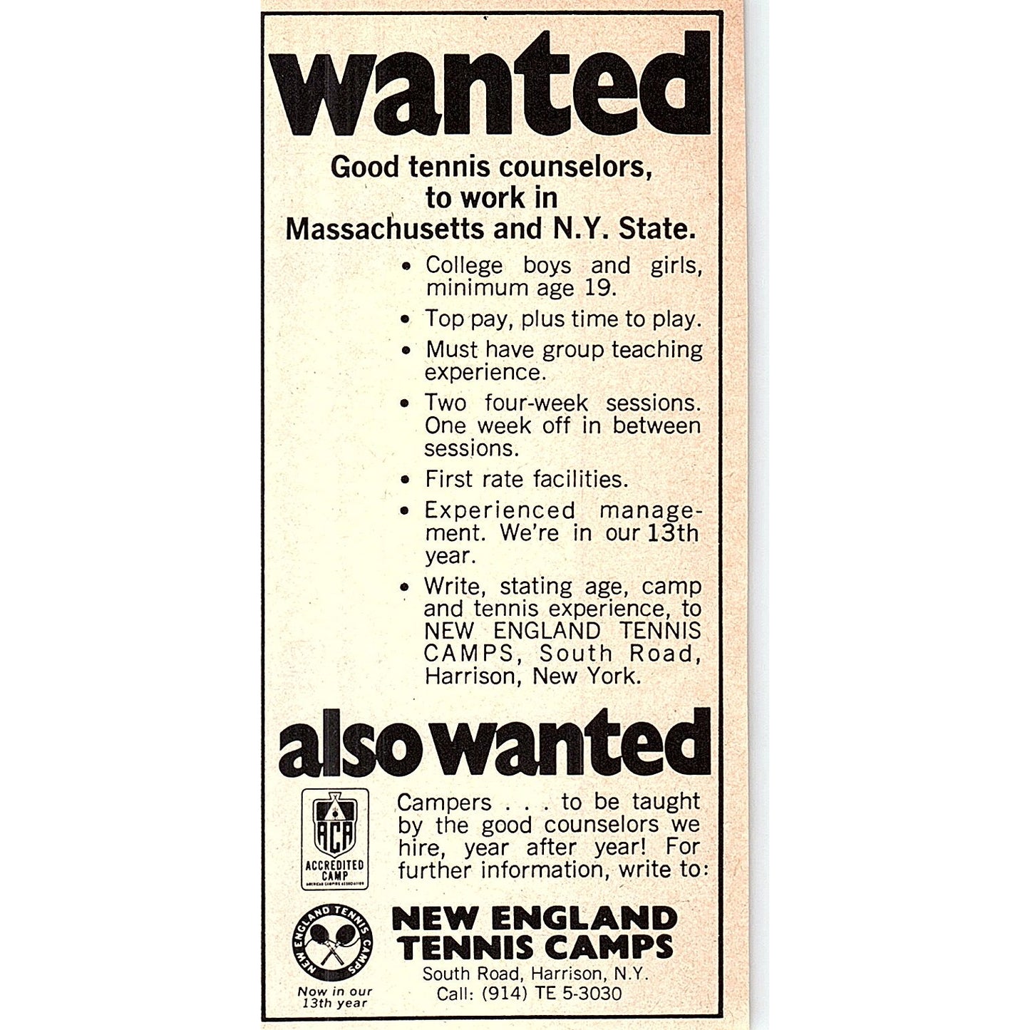 New England Tennis Camps Harrison NY 1977 Ad AF3-Q2