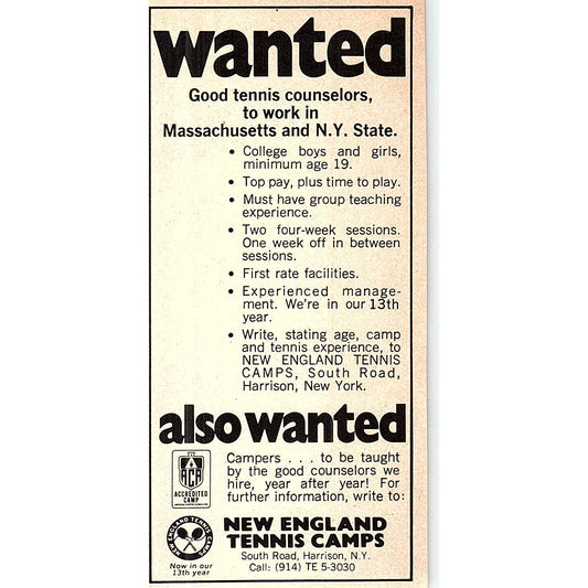 New England Tennis Camps Harrison NY 1977 Ad AF3-Q2