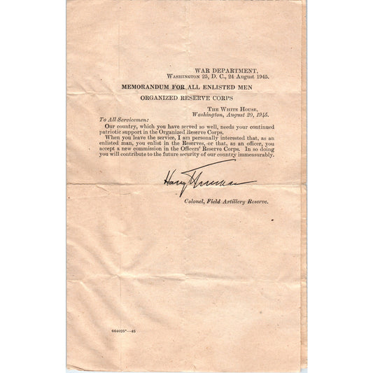 1945 WWII War Department Memo for Enlisted Men Call to Join Reserve Corps D21