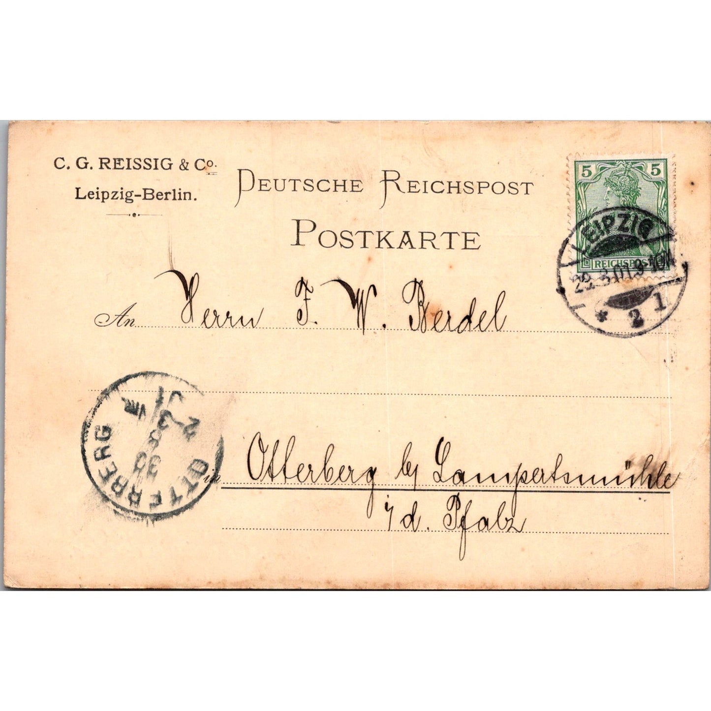 C.G. Reissig & Co Leipzig-Berlin F.W. Berdel 1901 German Reich Postcard P5-11