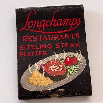 Longchamps Restaurants Sizzling Steak Platter Vintage Matchbook Cover TB8-MB3-10
