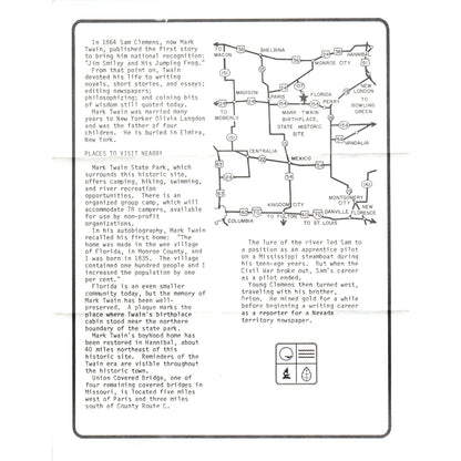 Vintage Mark Twain Birthplace State Historic Site Stoutsville MO Leaflet TF4-B2