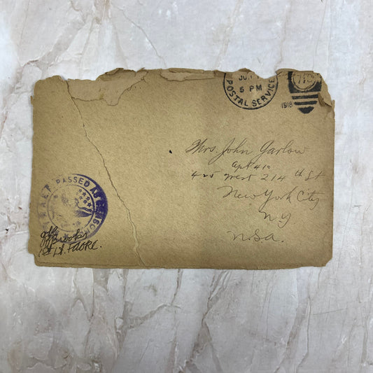 1918 WWI Envelope to Mrs. John Garlow New York City AE6