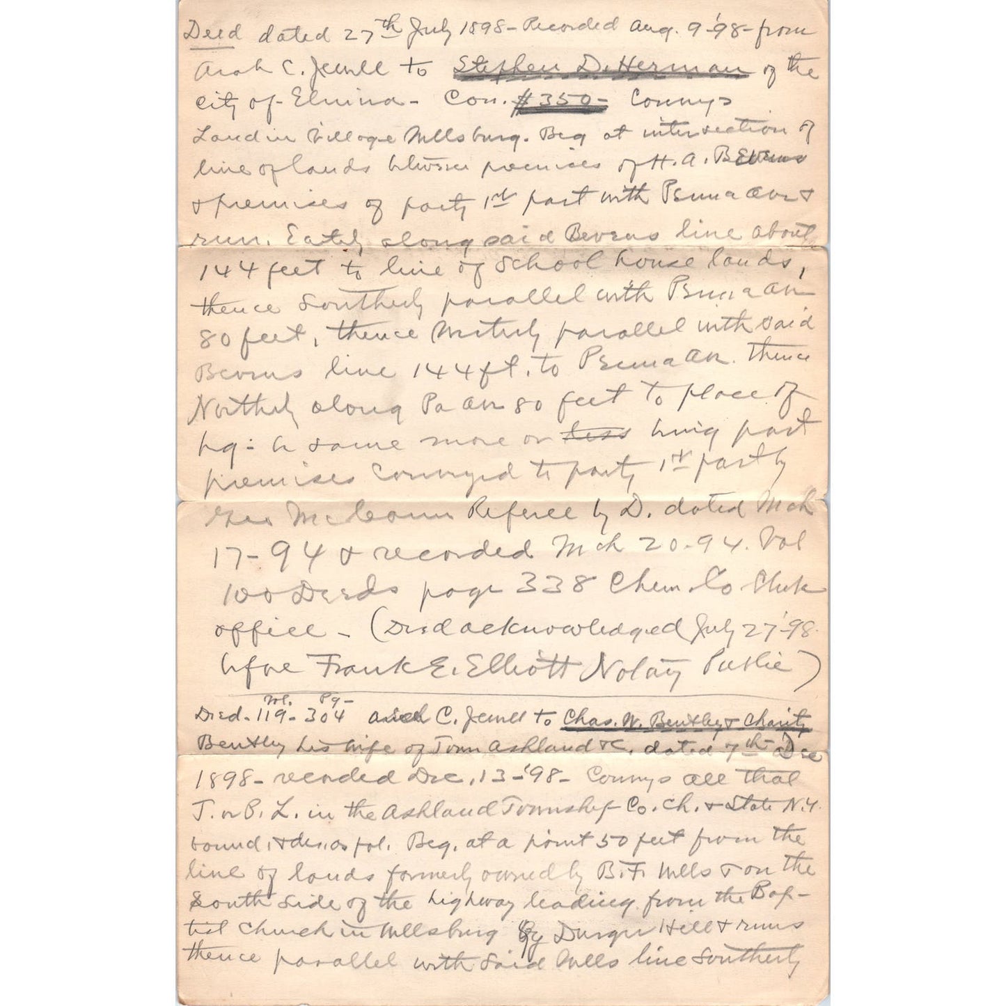 1898 Handwritten Deed Steffen D. Herman Elmira NY 2 Pages AE9-X1