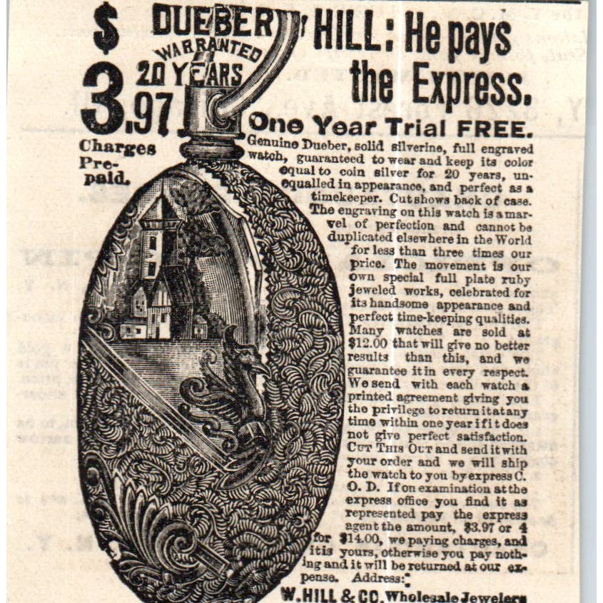 Dueber Pocket Watch W. Hill & Co Chicago c1890 Victorian Ad AE8-CH9