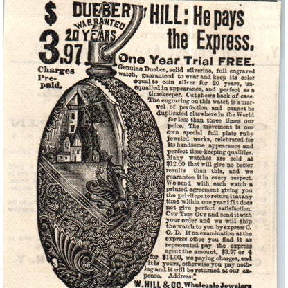 Dueber Pocket Watch W. Hill & Co Chicago c1890 Victorian Ad AE8-CH9