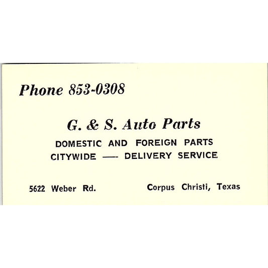G&S Auto Parts Corpus Christi TX Vintage Business Card SE3-B13