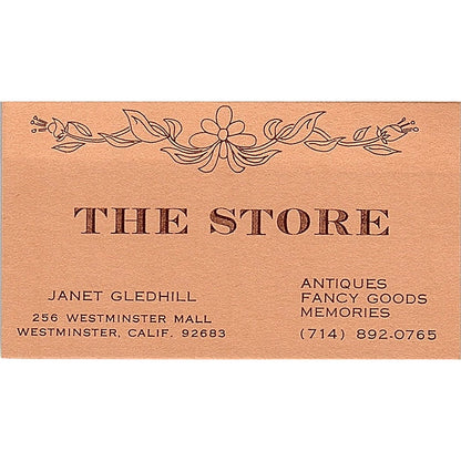 Janet Gledhill The Store Antiques Westminster CA Vintage Business Card SE3-B16