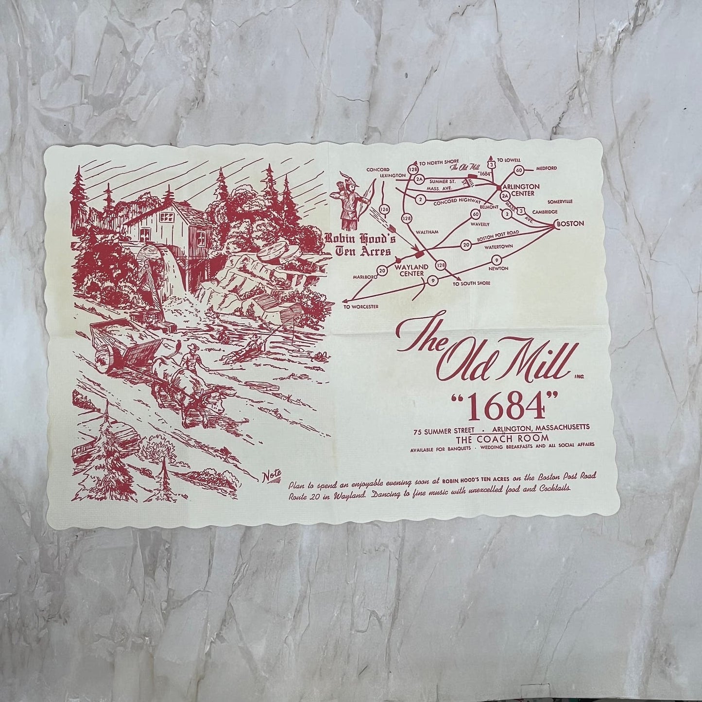Vintage The Old Mill Coach Room Banquet Hall Placemat Arlington MA AE4