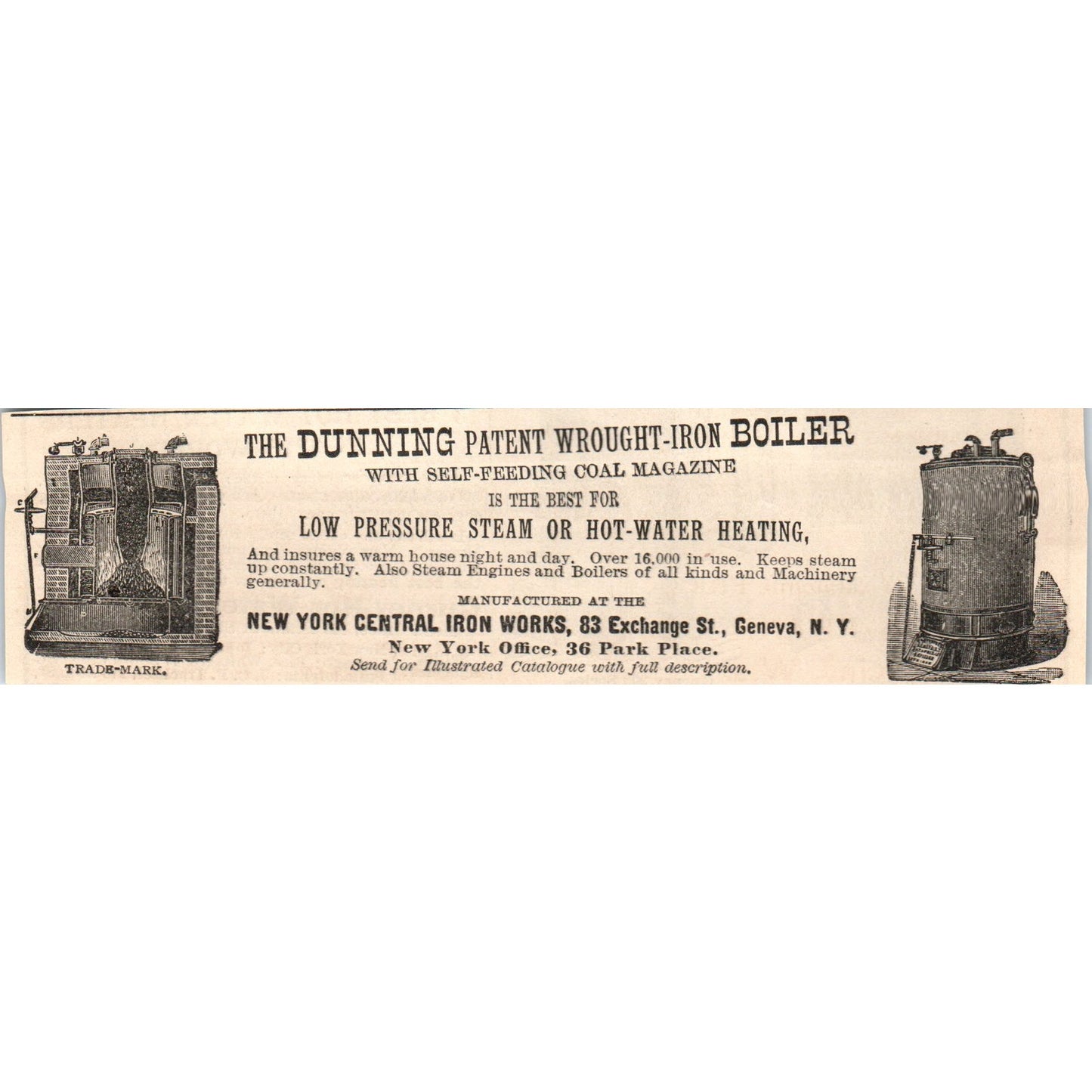 The Dunning Wrought-Iron Boiler NY Central Iron Works Geneva 1892 Ad AK6-H1